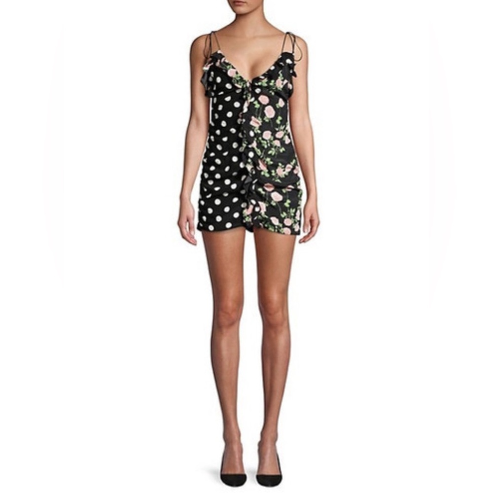 For Love & Lemons Black Polka Dot and Floral Mini Dress